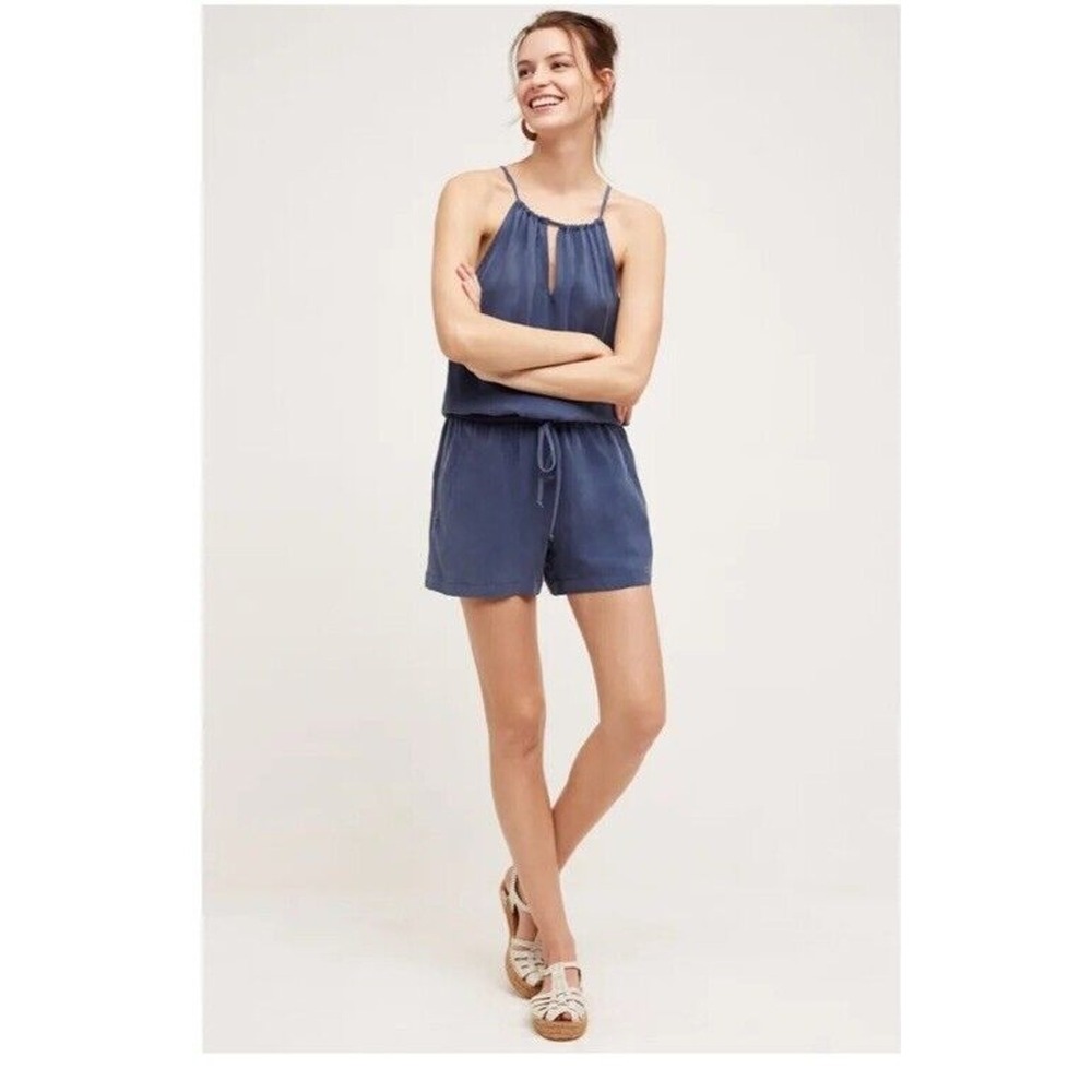 Anthropologie ELEVENSES Westward Romper Blue Cupro Drawstring Pockets Size 6
